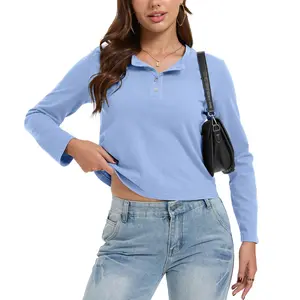 FAIABLE Womens Vintage Washed Henley Long Sleeve Shirt 100% Cotton Heavyweight 240GSM Casual Crew Neck Basic Tee Structured Cropped Length Fall Spring Tops ual Top Relaxed Fit Button Front Crew Neck Basic Tee Structured Cropped Length Fall Spring Tops