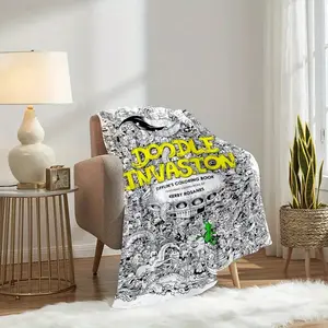 1Pc Doodle Invastion Coloring Book Design Flannel Blanket - Soft All-Season Throw With Black & White Doodle Art, Multi-Use For Home, Camping, Travel & Gifts, Contemporary Style, 200-250Gsm, Perfect For Family & Friends, Doodle Blanket, Cozy Home Accessory