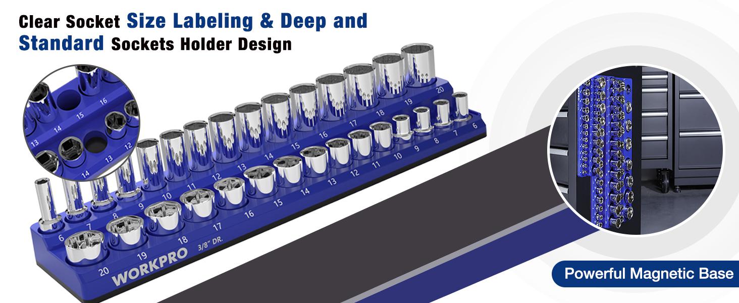 #fathersdaygift WORKPRO Magnetic Socket Organizer Set, 3-Pack Holder Set Includes 1/4", 3/8" and 1/2" Drive Metric Socket Trays, Holds 75 Pieces Standard and Deep Sockets
