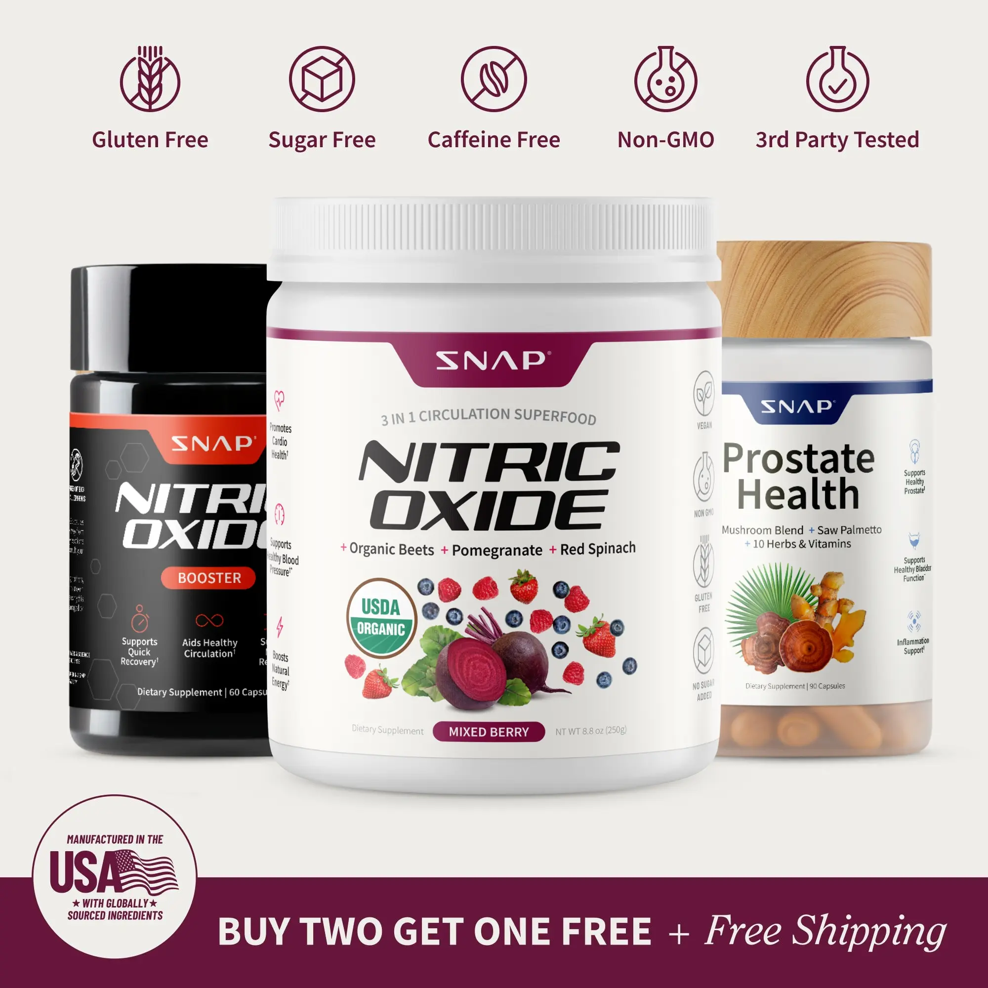 Snap Supplements - Nitric Oxide Booster 60ct + Prostate Health + Berry Flavor Nitric Oxide Beets - Natural Supplements