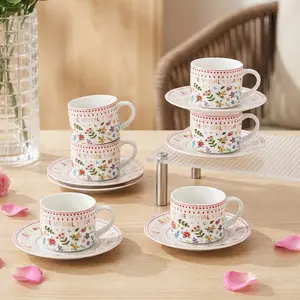 Floral Espresso Cups & Saucers Set of 6, 4oz Small Coffee Mugs, Ceramic Demitasse Cup for Tea, Latte, Espresso Shot Cup for Coffee Maker, Women Gifts for Mother's Day, Birthday