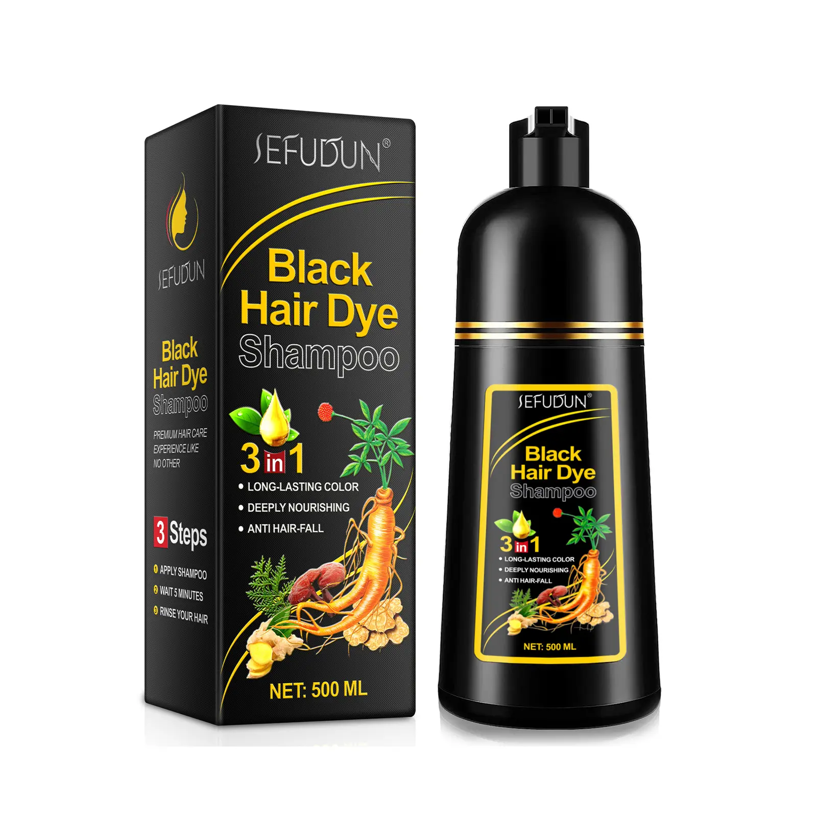 Sefudun 3-in-1 Hair Dye Shampoo, 500ml - Anti-Fade Color Protect Haircare Product for Men & Women, Permanent Black Hair Coverage, Nourishing Dark Formula, Easy to Use, Black Hair Dye