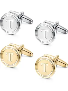2 Pairs Cufflinks for Men Stainless Steel Personalized Initial Cufflinks Silver Gold Engraved Cuff Links Alphabet Letter A-Z with Gift Box for Father Husband