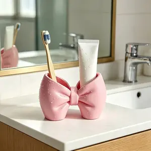 Cute Bow Shaped Toothbrush Holder Plastic Stand No Installation Decor Storage Rack For Bathroom Bedroom Pen Organizer