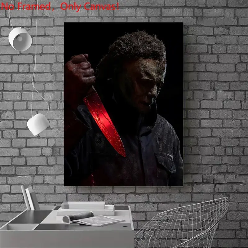 1 piece/set frameless canvas painting print poster, Classic Movie scenes Poster art，Michael Myers with Bloody Knife， a perfect gift for Movie loves, ideal gift for bedroom, living room, dorm hallway, kitchen, mural, wall decoration, room decor