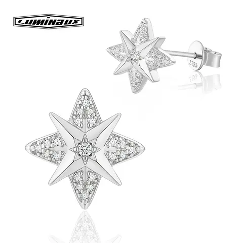 LUMINAUX JEWELRY S925 Sterling Silver Stud Earrings, Modern Octagram Star Design with D Color VVS Moissanite, Unisex Jewelry Gift, 925 Stamp Silver Earrings