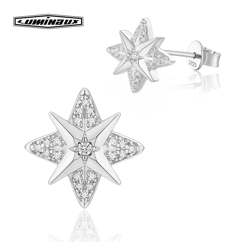 LUMINAUX JEWELRY S925 Sterling Silver Stud Earrings, Modern Octagram Star Design with D Color VVS Moissanite, Unisex Jewelry Gift, 925 Stamp Silver Earrings