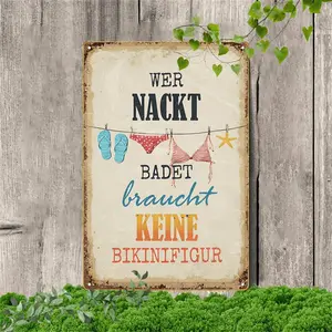 2D Plane, 1pc of Vintage German Quote Wooden Tin Sign - Humorous "We Are Naked" Beach Themed Wall Decoration, with Flip-Flops And Starfish Design, Rustic Style Wooden Hanging Board, Suitable for Bathroom, Swimming Pool, Man Cave