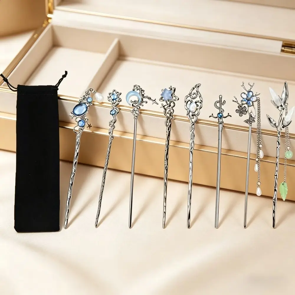 8Pcs Silver Star & Moon Hair Sticks, Vintage Chinese Hanfu Hair Chopsticks, Metal Bun Holders, Elegant Hairpins for Women Girls, Ideal for Daily Wear, Travel & Themed Occasions