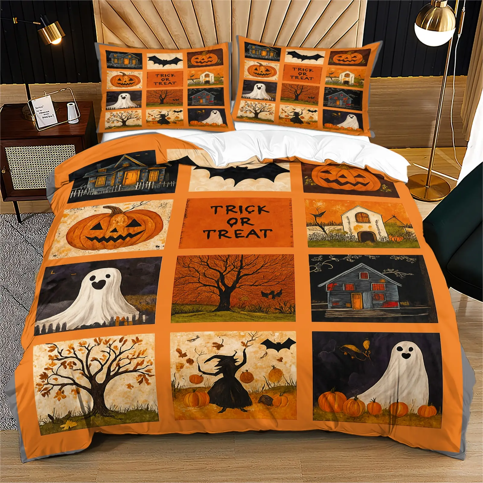 Halloween retro patchwork print decorative Printed bedding set, 2/3 piece set includes 1 zipper quilt cover and 1/2 pillowcase, retro atmosphere bedroom decoration