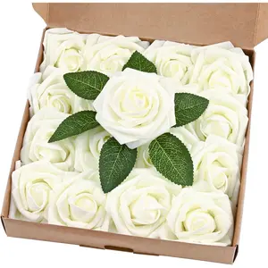 50pcs Artificial Simulation Roses, Ivory Boxed Foam Roses, for DIY Bouquets, Table Flower Decorations, Wedding & Party Arrangements and Bridal Shower Decorations