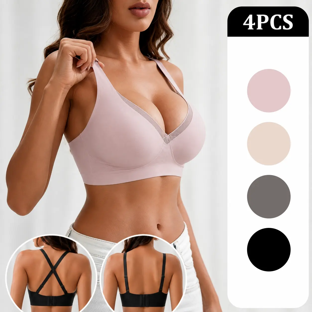 4-Pack Set of Women's Solid-Color Wire-Free Bras Comfortable and Breathable Push-Up Bras, Soft and Lightweight, All-Season Lingerie, Push-Up Bras jelly adjustable gravity comfort convertible everyday bra seamless bra
