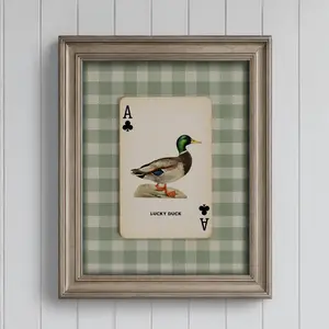 Bookish Mallard Duck Print – Sage Green Gingham Cottagecore Childrens Wall Art, One Lucky Duck Ace of Clubs, Vintage Wildlife Boy Room Décor