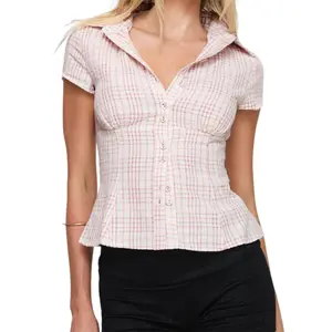 Women's Plaid Shirt Button-up Short Sleeve CollaredFit Casual Summer Blouse Tops