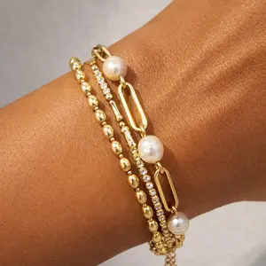 Gold Pearl Chain Bracelet for Women 18k gold plated link bracelet