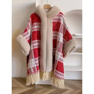 Women's Tartan Print Faux Fur Trim Tassel Design Hooded Cape Shawl, Casual Glitter Shawl for Fall & Winter, Fashion Accessories Scarf For Women