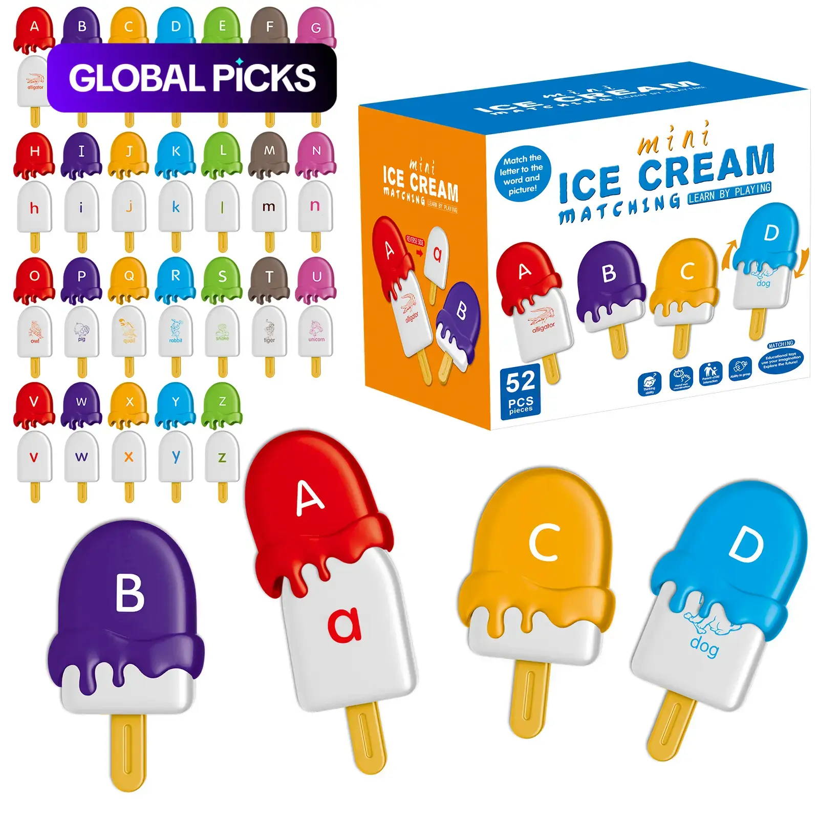 Ice Cream Shape Letter Matching Toy, 52Pcs Set, Counting & Learning Toy for Boys & Girls, Develops Fine Motor Skills, Visual Learning & Educational Tool