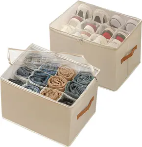 2 Pack Shoe Organizer for Closet, Large Shoe Box Storage Containers, Foldable Shoe Storage Organizer Box Bin with Adjustable Dividers and Clear Cover, Space Saving Shoes Holder, Beige