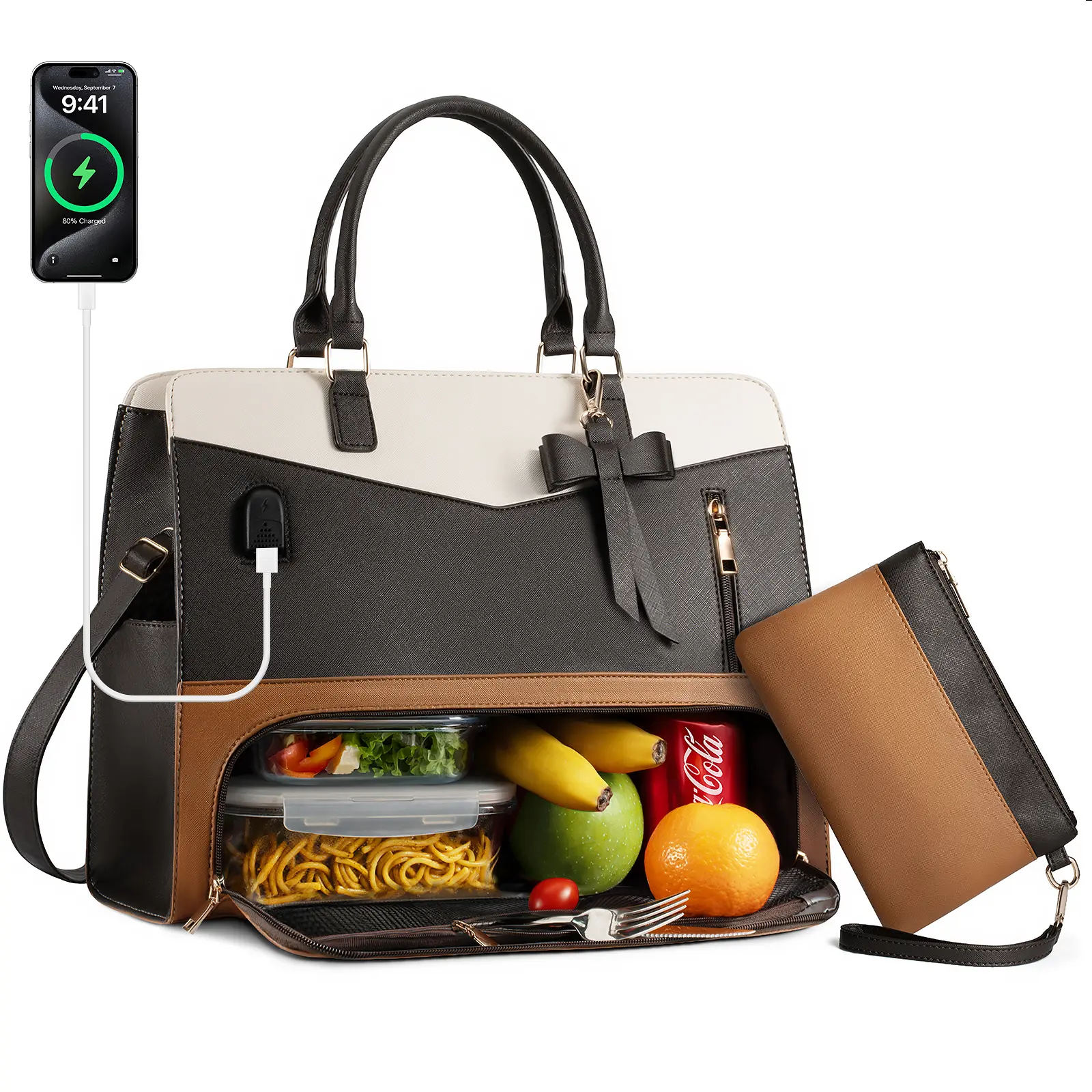 Laptop Tote Bag with Insulated Lunch Compartment, 15.6 Inch PU Leather Briefcase with Leakproof Lunch Box Pocket for Women and Man, Convertible Computer Work Bag Handbag for Office Christmas Gift
