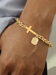 Men's Classic Stainless Steel Chain Bracelet, Cross Charm Bangle, Cross Square Initial Letter Design, Casual Style, All Seasons Wear, Cross Pendant