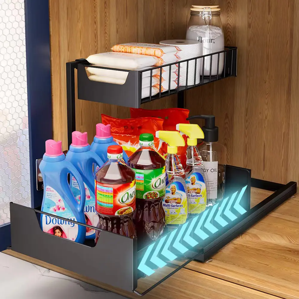 2 Tier Under Sink Organizer Sliding Storage Drawer Kitchen Bathroom Cabinet Pull Out Cabinet Organizer Slide Out Sink Shelf & Cabinet Organizer Racks fantastic quality easy to install  Mother's Day gift