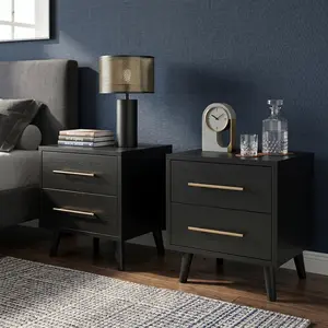 2PCS Modern Black Gold-Toned Drawer-Equipped Contemporary Flat-Top Dual-Use Nightstands with 2 Drawers & Gold Handles, Stylish Bedside Dressers End Tables for Bedroom, Living Room, Drawer-Equipped Bedside Tables, Contemporary Bedside Tables