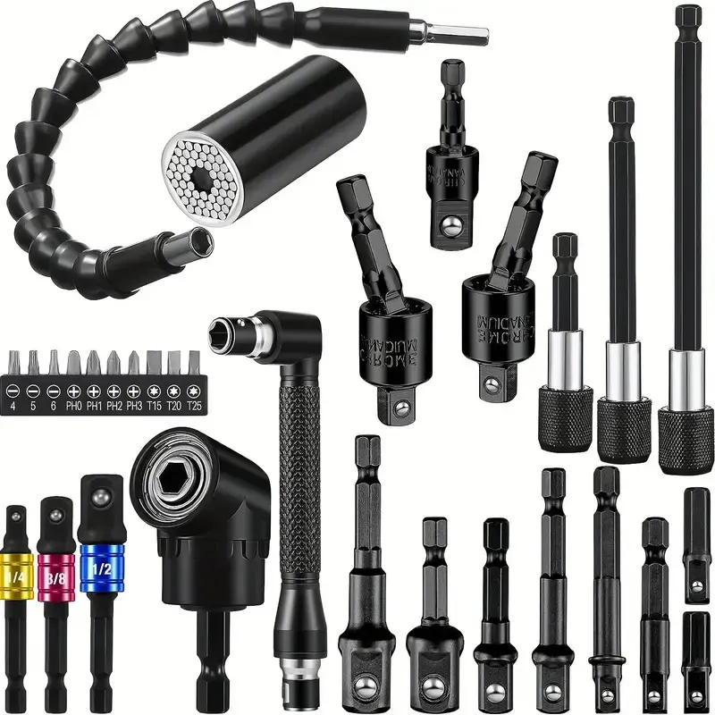 31-Piece Universal Tool Set with Flexible Shaft, Quick Change Adapter, Replaceable Screwdriver Bits, Screwdriver Components, Impact Wrench Socket Holder, Right Angle Ratchet Screwdriver Bit Kit