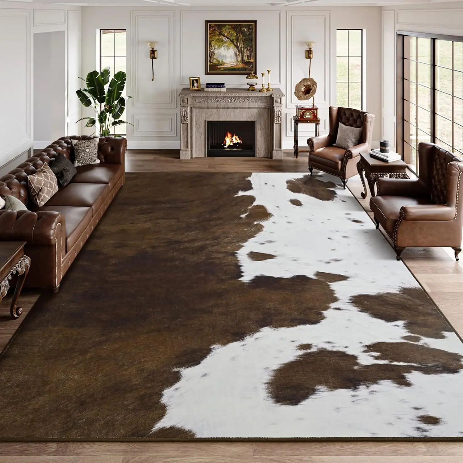Animals-Themed Velvet Western Area Rug with Retro Look, Cowboy Colours, Soft, Non-Slip, Stain-Resistant, Wrinkle Resistant, Durable, Dustproof, Indoor Use Living Room Decor (01-Cow Print 1, 03-Tiger Print 1)
