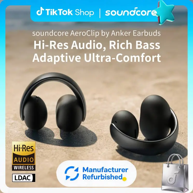 [Refurbished]soundcore AeroClip by Anker, Open-Ear Earbuds, Clip-On Headphones, Adaptive Comfort, Clear Calls with 4 Mics and AI, Stable Fit, 12mm Drivers for Powerful Bass, Hi-Res, Open-Ring Design #tiktokshopsummersale