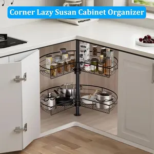 Corner Cabinet Lazy Susan,  Kitchen Corner Cabinet Organizer with 360° Rotating Metal Turntable，2-Tier Kidney-Cut Shaped Lazy