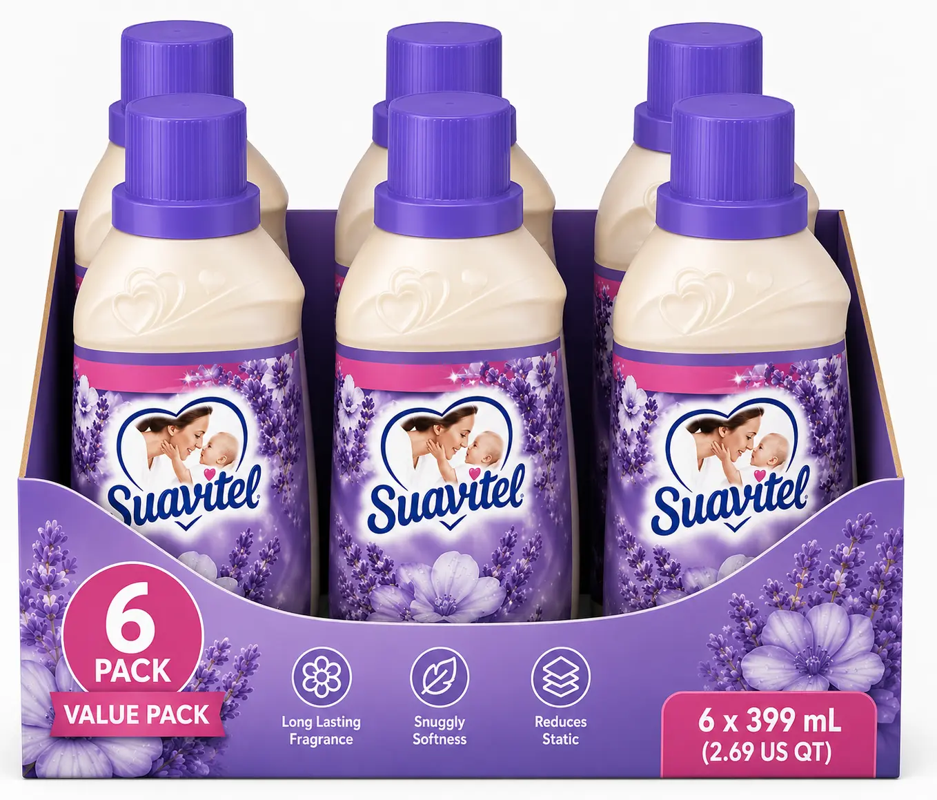 Suavitel Soothing Lavender Fabric Softener, Long-Lasting Fresh Lavender Scent, 399 mL Bottles, Pack of 6