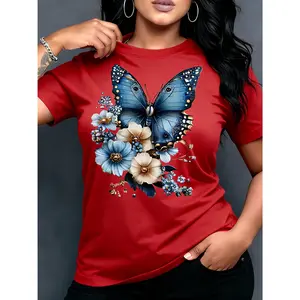 100% pure cotton, available in multiple colors, comfortable to wear, butterfly and flower spring/summer print women's casual round neck short sleeve T-shirt