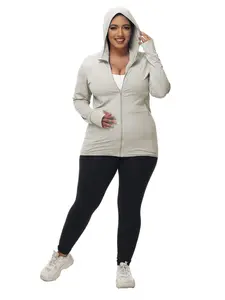 Plus Size Solid Sun Protection & Breathable Hooded Jacket, Women's Plus Size Zip Up Hooded Jacket, Ladies Sportswear for Outdoor Activities, Women Workout Clothes, Athletic Outerwear, Lightweight Sports Jacket