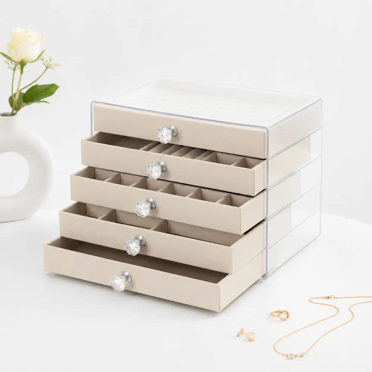 5 Layer Clear Jewelry Organizer Box with Drawers, Large Capacity Velvet Jewelry Storage Case, Divided Jewelry Display Holder for Earrings, Rings, Necklaces, Bracelets, Vanity Desktop Jewelry Container for Women