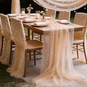 Champagne Pearl Lace Party Tablecloth Set, Soft Thin Fabric with Cute Pearls, DIY Decorative Table Runner and Chair Back Cover