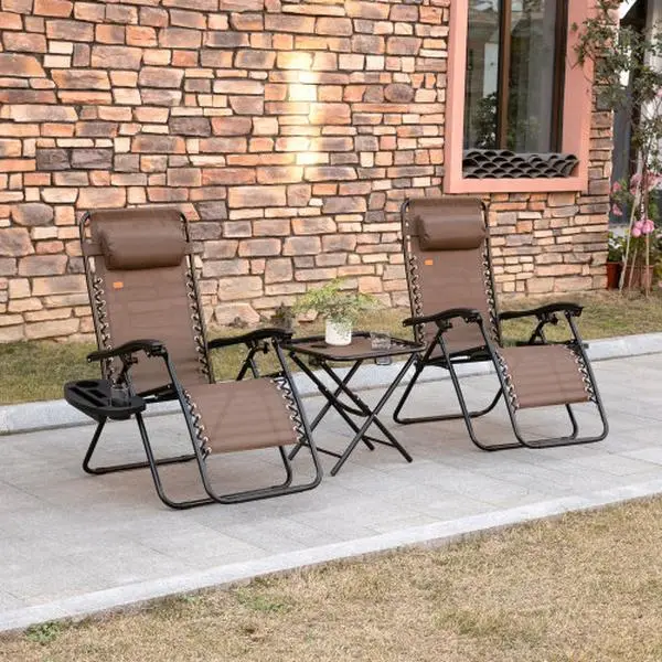 Bellemave Outsunny Folding Reclining Lawn Chair Set with Side Table, Cupholders & Pillows, Adjustable Outdoor Chairs for Patio, Backyard Oasis & Outside Use Lawn Chairs Reclining Outside Chairs