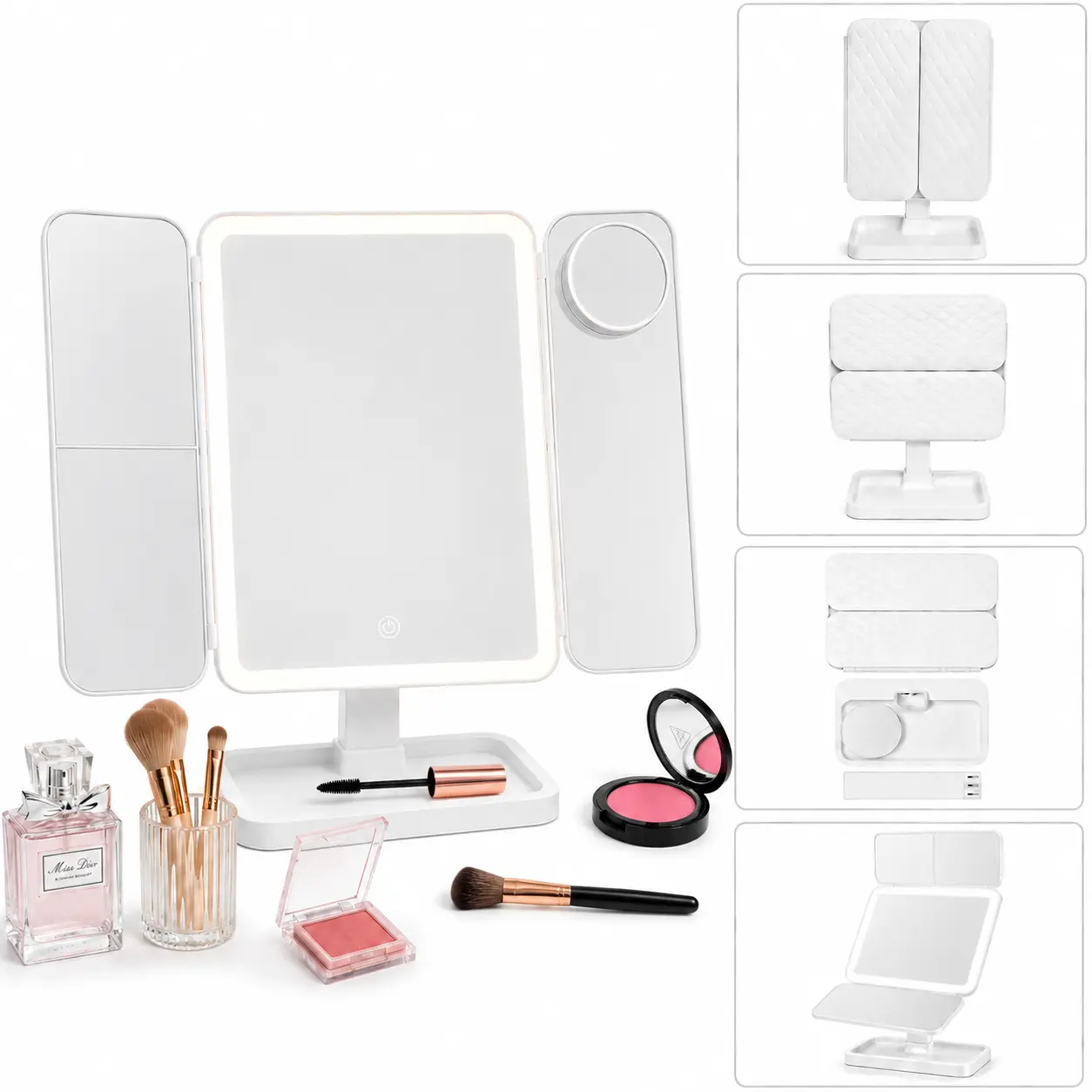 Portable LED Light Makeup Mirror, 3-fold Foldable Rechargeable Mirror with 2x 3x & 10x Magnification, Touch Control Mirror for Travel & Bedroom Use, Lighted Mirror, Rechargeable Trifold Mirror