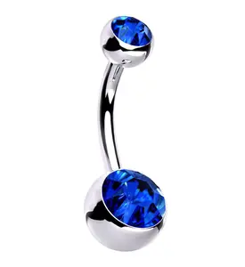 Blue CZ Internally Threaded Titanium Belly Button Ring