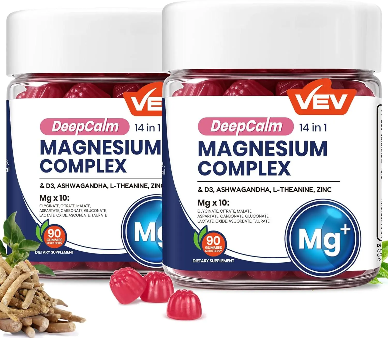 Magnesium Complex Gummies with Ashwagandha L-Theanine Zinc Vitamin D3, Sugar Free Vegan Mineral Daily Wellness Supplement, Mixed Berry Chewable Gummy, 90 Count 3 Months Supply