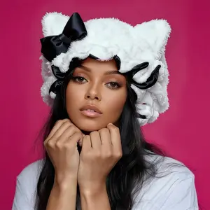 Falote Women's Cute Teddy Ear Silk Satin Hair Bonnet - Double Layer, Lightweight, Adjustable Band, Smooth, Frizz-Free Sleep Cap for Curly Hair, Haircare Accessory
