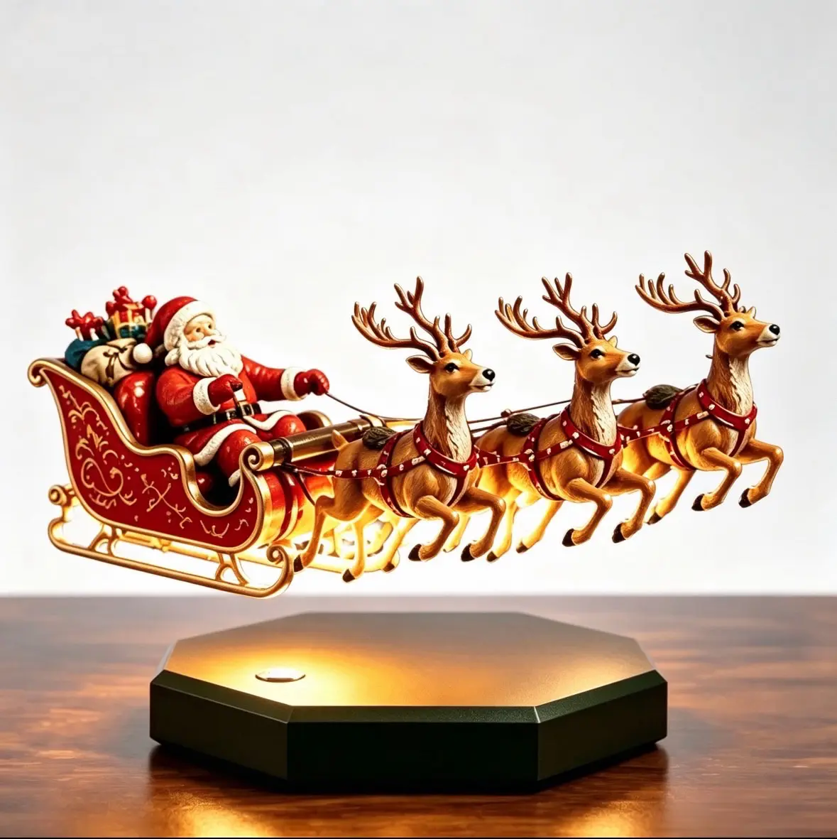 Magnetic Floating Santa Claus Sleigh with 3 Reindeer, Magnetic Levitation Christmas Tabletop Ornament with Warm Light Base, Figurines No Built-in LED Lights, Unique Xmas Desktop Decoration, Holiday Home Decor & Gift for Family Friends