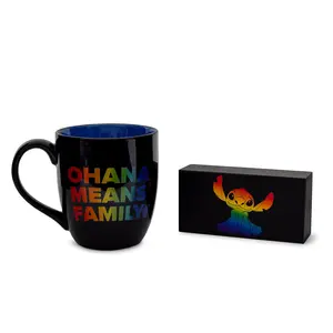 Disney Lilo & Stitch "Ohana Means Family" Rainbow Ceramic Mug and Box Sign Set