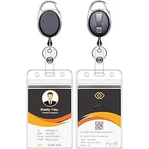 [New Deal] 2 Pack ID Badge Holders with Metal Clip and Keyring - Vertical Clear Plastic ID Card Holders (2.5" x 3.4") - Retractable 24" Pull Cord for Office, School,