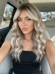 20 Inch Gold Gradient Ombre Big Wave Wig, Synthetic Wavy Wig, Bangs Design, High Temperature Fiber, Heat Resistant, Realistic Scalp Look