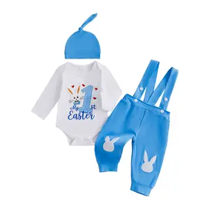 Babamoon Toddler Baby Boy First Easter Outfits Set Bunny Long Sleeve Romper Suspender Pants and Knot Hat 3pcs Spring Clothes Set 0-18 Months