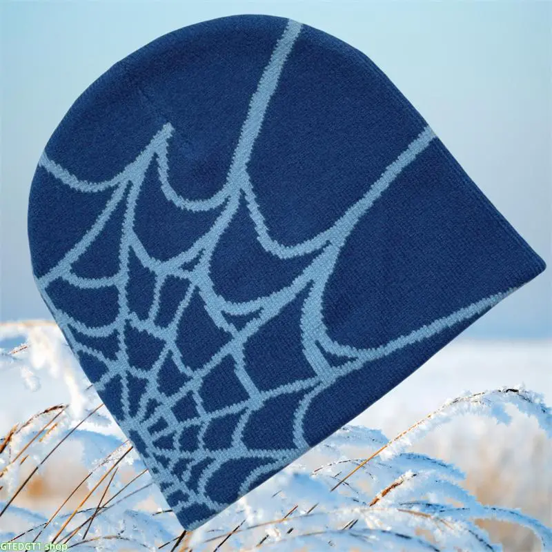 Unisex Gothic Thermal Beanie - Flexible Knitted Skull Cap with Cobweb Graphic, Geometric Dual-Tone Stretch Winter Hat, Street Bag Accessory Charm for Cold Daily Outfits