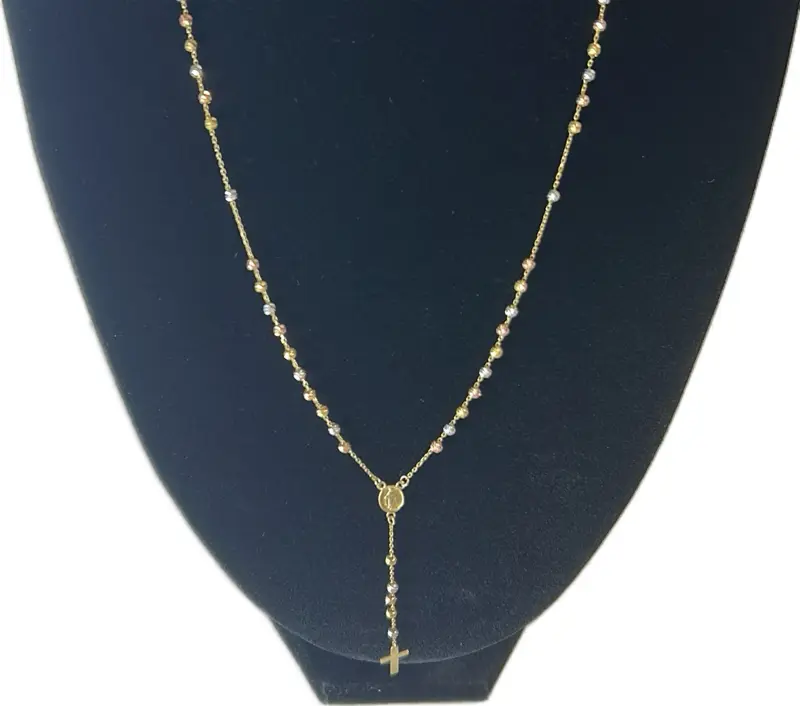 Gold-Toned Beaded Rosary Necklace with Cross Pendant for Women
