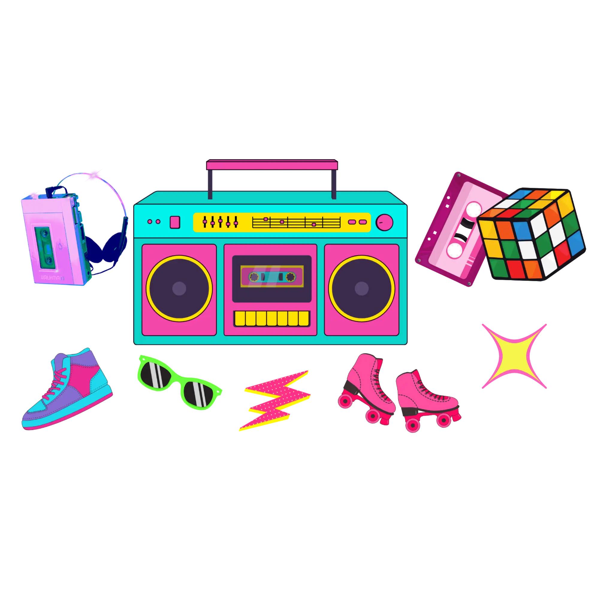 Retro 80s & 90s Nostalgia UV DTF Decal Sheet | Boombox, Cassette Tape, Roller Skates & Retro Accessories