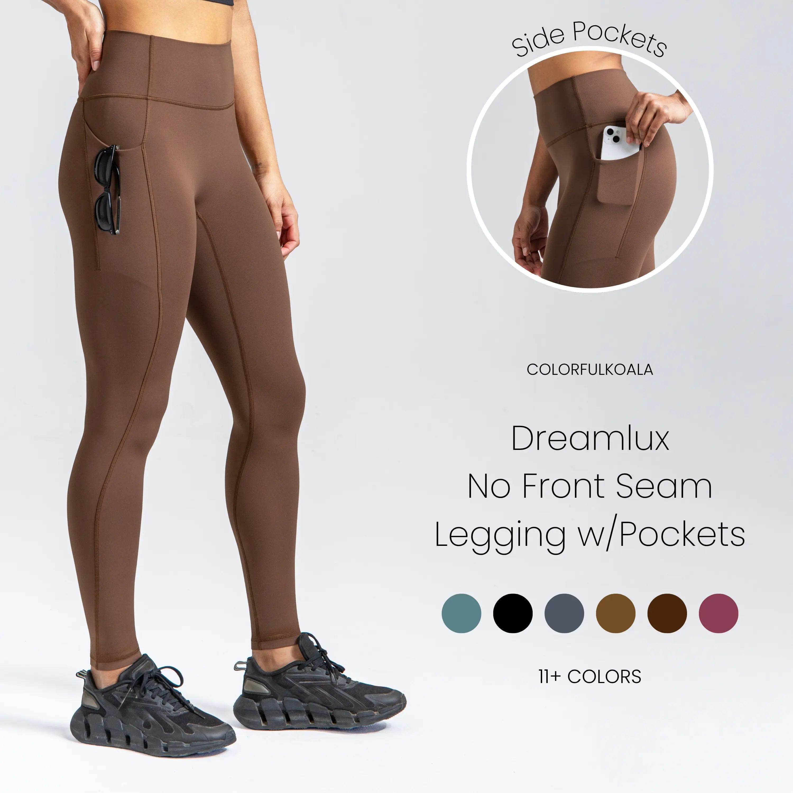 Colorfulkoala Women's Dreamlux No Front Seam Leggings, High-Waisted Seamless Yoga Pants with Pockets, Nylon Lycra, 25"/28" Inseam, Gym Fitness Leggings, Seamless Leggings