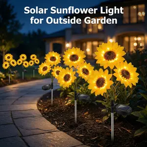 2pc 3Heads Solar Sunflower LED Garden decorative Light, Vibrant Flower Decoration, realistic night glow,Suitable For Mother'S Day, Thanksgiving, Christmas, Halloween, Terrace, Lawn, Courtyard, Path Garden stake Decoration outdoor pathway porch decor lamp